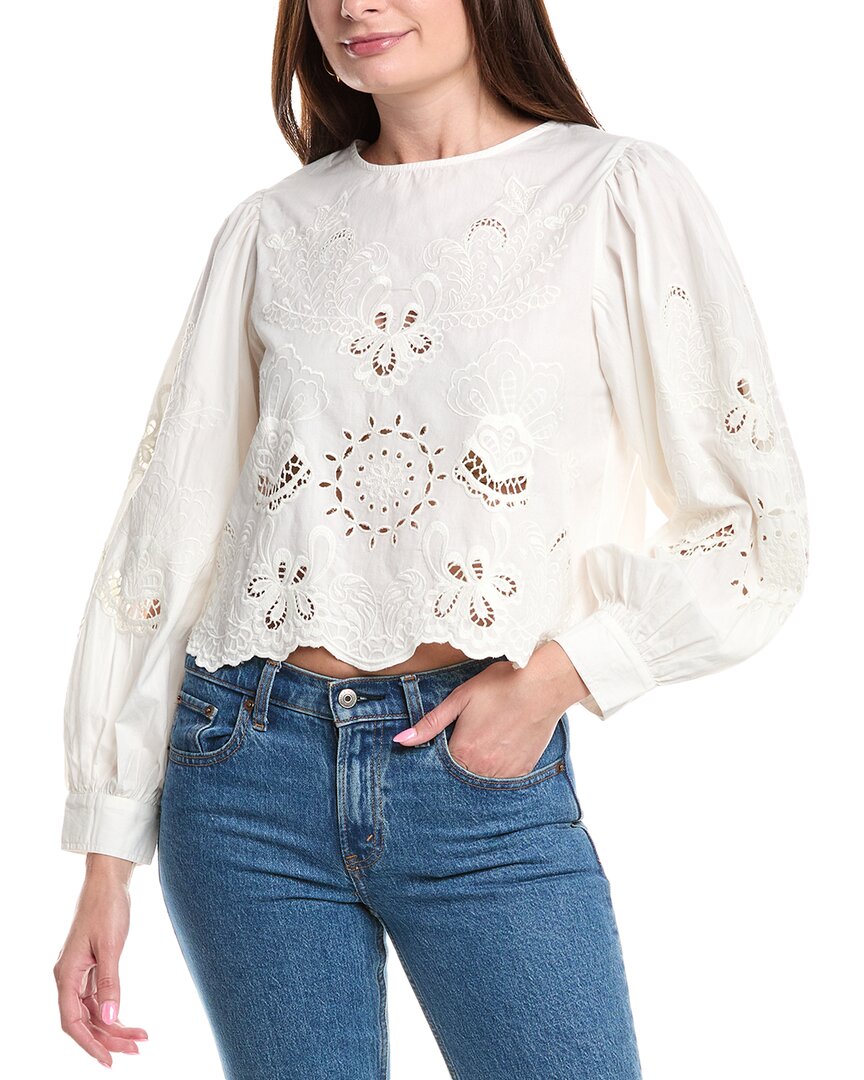 womens Embroidered Balloon Sleeve Blouse, l, White